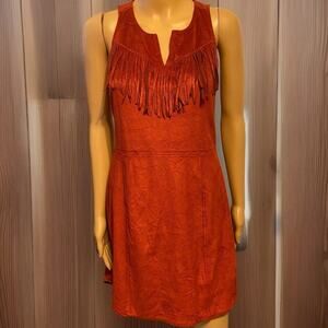 Y2K Express Red Sleeveless Faux Suede Dress Boho Fringe Detail Sz Small Western
